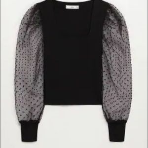 Black Top with Sheer Dot Puff Sleeves